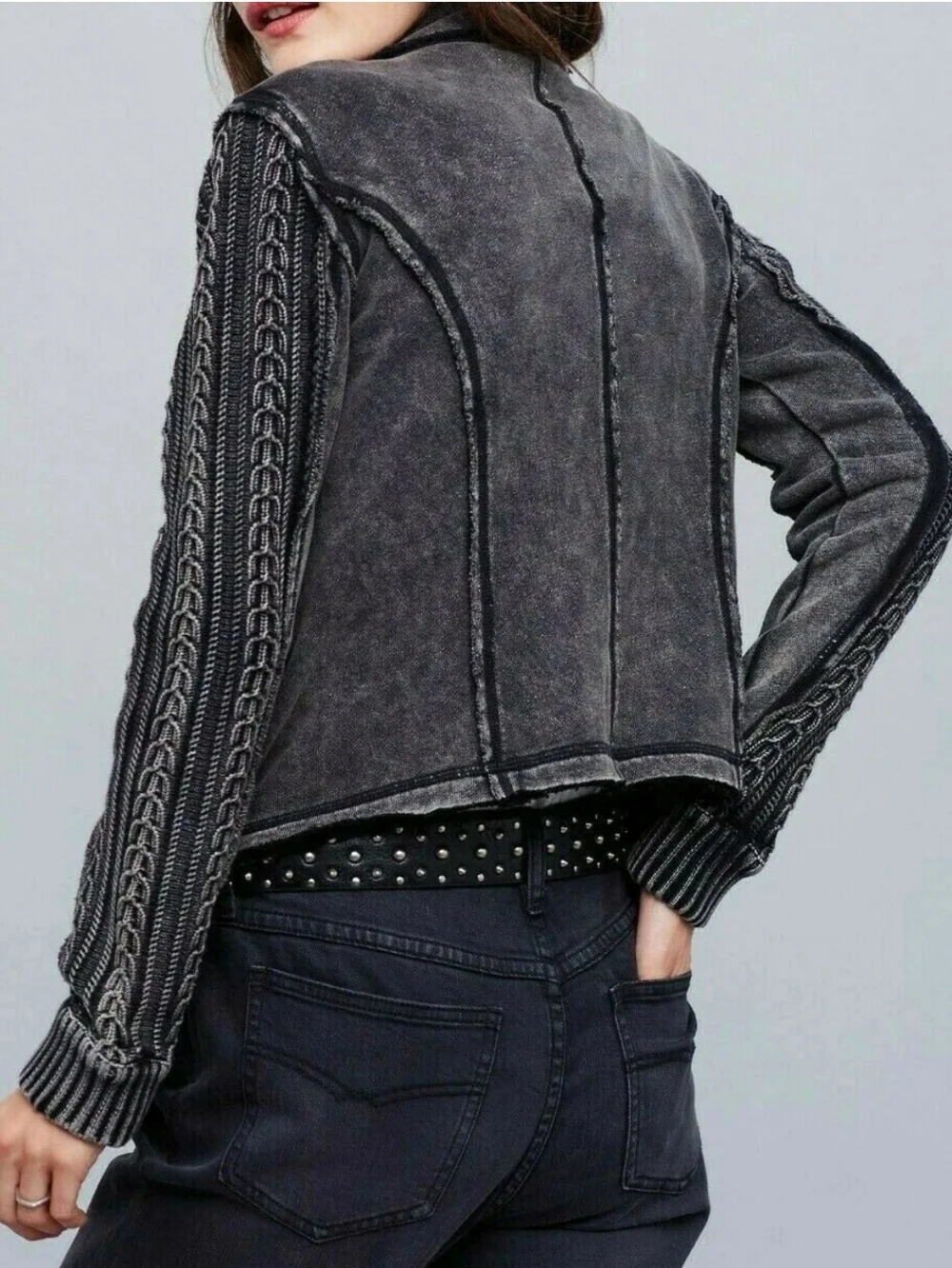 Free People Washed Black Ruffle Knit-Sleeve Moto Jacket Size Small